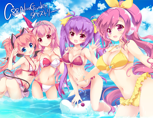4girls, animal_ears, beatmania_iidx, bemani, bikini, blue_eyes, blush, breasts
