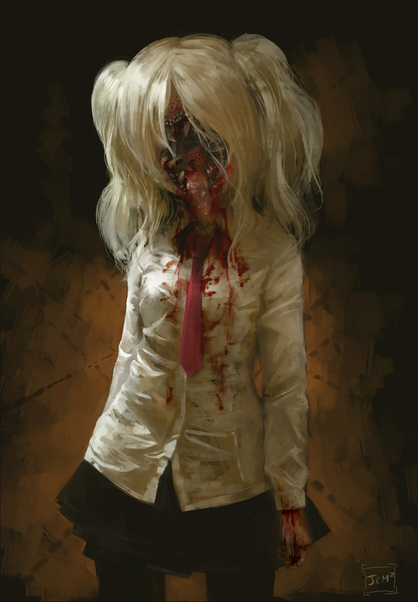 .flow, 1girl, artist_name, bad_id, bad_pixiv_id, blood, blood_on_clothes, cowboy_shot, creepy, fangs, female_focus, gradient_background, highres, horror_(theme), jcm2, kaibutsu, necktie, school_uniform, short_twintails, sidelocks, skirt, solo, tongue, tongue_out, twintails, white_hair