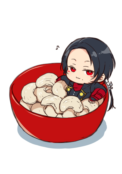 10s, 1boy, :3, armor, black_hair, blush_stickers, cashew_(cashew_kun), cashew_(nut), chibi, japanese_armor, kashuu_kiyomitsu, kote, long_hair, looking_at_viewer, male_focus, mini_person, miniboy, mole, mole_under_mouth, musical_note, name_connection, nut, ponytail, pun, quaver, red_eyes, red_scarf, scarf, simple_background, solo, sumeragi_kohaku, touken_ranbu, white_background