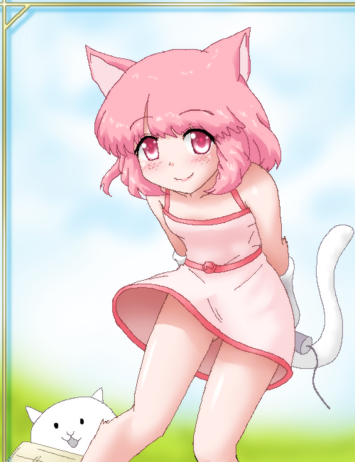 1girl, alternate_costume, alternate_hair_color, animal_ears, bare_shoulders, cat_(nyanko_daisensou), cat_ears, cat_tail