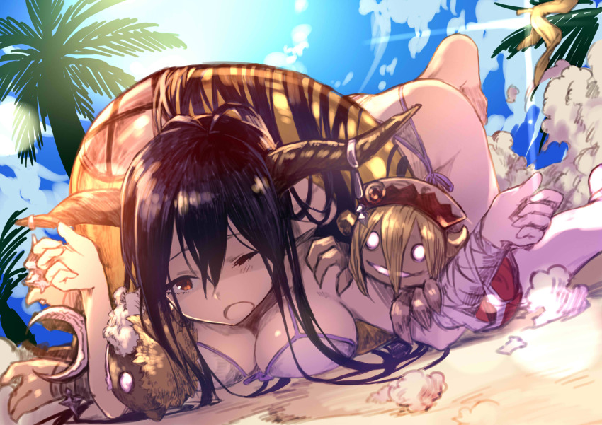 10s, 1girl, ;o, bikini, black_hair, blue_sky, breasts, cleavage, cloud, danua, day, draph, en@rain, enarein, falling, female_focus, granblue_fantasy, gretel_(granblue_fantasy), hair_between_eyes, hansel_(granblue_fantasy), highres, horn_ornament, horn_ribbon, horns, large_breasts, long_hair, one_eye_closed, orange_eyes, palm_tree, purple_bikini, ribbon, side-tie_bikini_bottom, sky, solo, swimsuit, tree