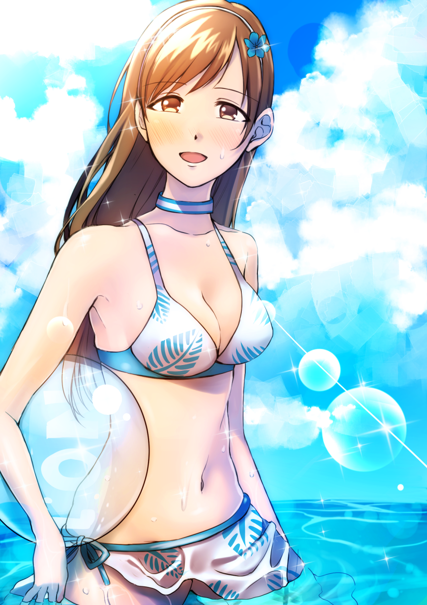 10s, 1girl, bajinappo, ball, beachball, bikini, breasts, brown_eyes