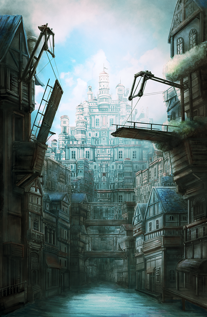 bad_id, bad_pixiv_id, bridge, building, canal, city, fantasy, kumori_org, landscape, no_humans, original, outdoors, pennant, railing, scenery, sky, water