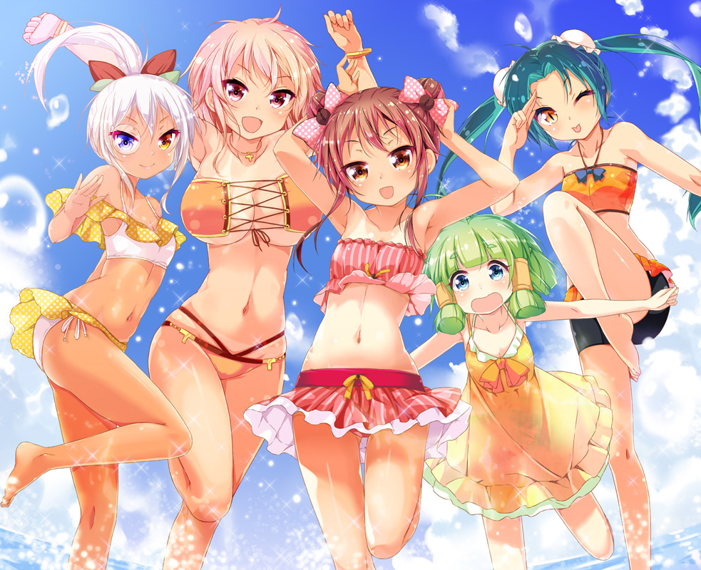 5girls, :d, :o, aqua_hair, armpits, bandeau, bikini, bikini_tan, blue_eyes, blush, breasts, brown_eyes, brown_hair, cafe-chan_to_break_time, cafe_(cafe-chan_to_break_time), chuunibyou, cleavage, cocoa_(cafe-chan_to_break_time), day, double_bun, frilled_bikini, frills, gradient_background, green_hair, hair_bun, hair_ribbon, hair_tubes, heterochromia, large_breasts, looking_at_viewer, midori_(cafe-chan_to_break_time), monocle, multiple_girls, navel, one-piece_tan, open_mouth, original, pink_hair, polka_dot, ponytail, porurin_(do-desho), red_eyes, ribbon, sei_(cafe-chan_to_break_time), slit_pupils, small_breasts, smile, striped_bikini, striped_clothes, swimsuit, tan, tanline, tea_(cafe-chan_to_break_time), tongue, tongue_out, twintails, water, white_hair, wrist_cuffs, yellow_eyes