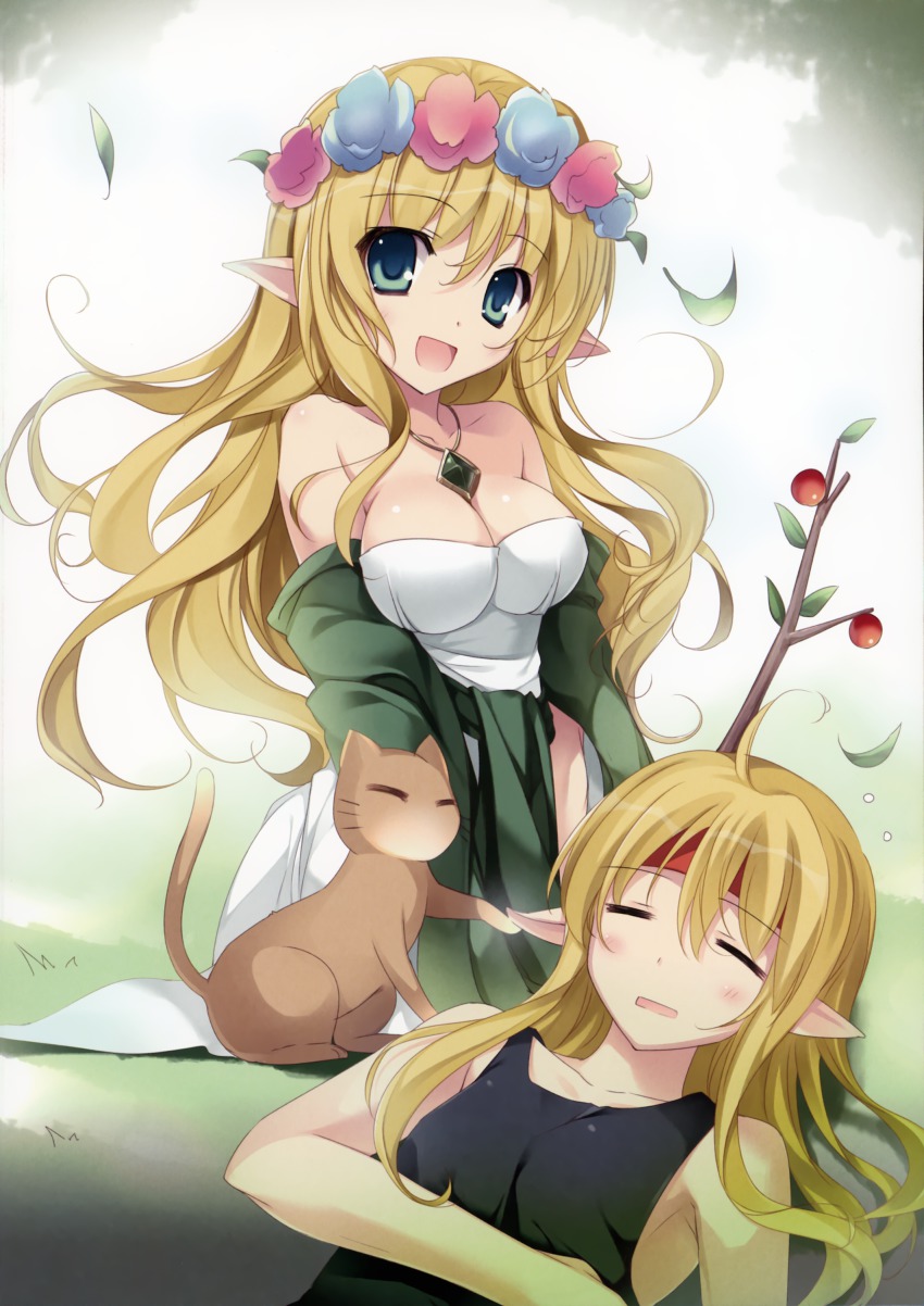 1girl, :d, absurdres, animal, aqua_eyes, blonde_hair, breasts, brother_and_sister, cat, cleavage, closed_eyes, collarbone, diamond_(shape), dress, flower, freyja_(p&amp;d), freyr_(p&amp;d), gradient_background, head_wreath, highres, jewelry, karory, long_hair, necklace, open_mouth, pointy_ears, puzzle_&amp;_dragons, siblings, smile