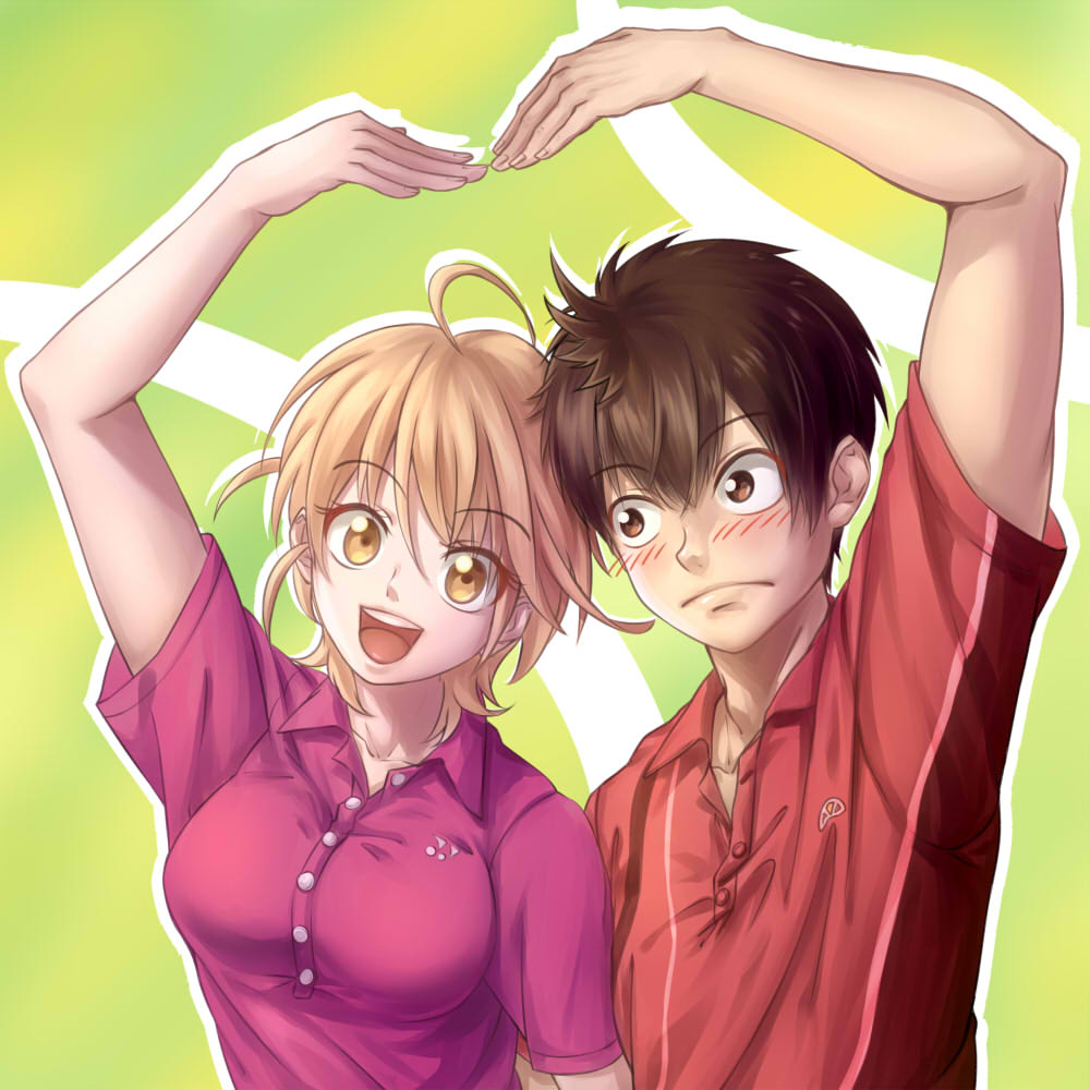 1boy, 1girl, :d, ahoge, baby_steps, blush, breasts, brown_eyes, brown_hair, collared_shirt, couple, frown, gradient_background, heart_arms, heart_arms_duo, hetero, ky9, light_brown_hair, looking_at_another, looking_at_viewer, maruo_eiichirou, open_mouth, pink_shirt, polo_shirt, red_shirt, shirt, short_hair, short_sleeves, smile, takasaki_natsu, upper_body