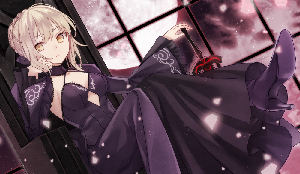 1girl, artoria_pendragon_(fate), blonde_hair, breasts, cleavage, dark_persona, dress, dutch_angle