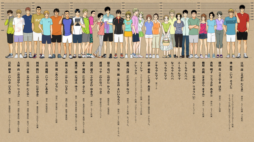 6+boys, 6+girls, alex_o'brien, aoi_ryuuhei, araya_hiroshi_(baby_steps), baby_steps, black_hair, blonde_hair, brown_hair, character_name, egawa_takuma, fukazawa_yukichi, glasses, height_chart, height_difference, highres, ide_yoshiaki, ike_souji, isawa_hiromi, iwasa_hiromi, kanda_hisashi, kousaka_akiko, long_hair, long_image, makihara_masumi, marcia_o'brien, maruo_eiichirou, maruo_kazuya, maruo_sanae, masumi_kiyoka, miyagawa_takuya, multiple_boys, multiple_girls, nabae_yuu, ogata_katsumi, okada_takayuki, oobayashi_ryou, shimizu_aki_(baby_steps), short_hair, simple_background, striped_background, takagi_sakuya, takasaki_natsu, watanabe_risa, wide_image, yokoyama_hana
