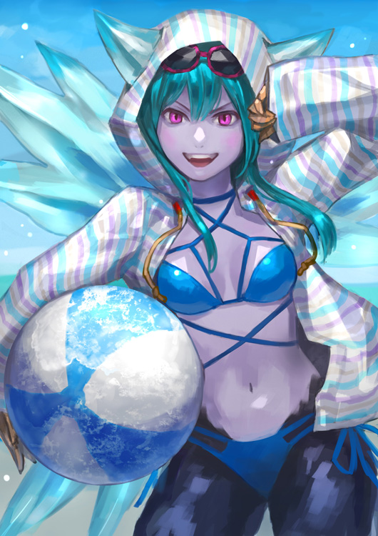 >:d, 1girl, :d, ball, beach, beachball, bikini, blue_bikini