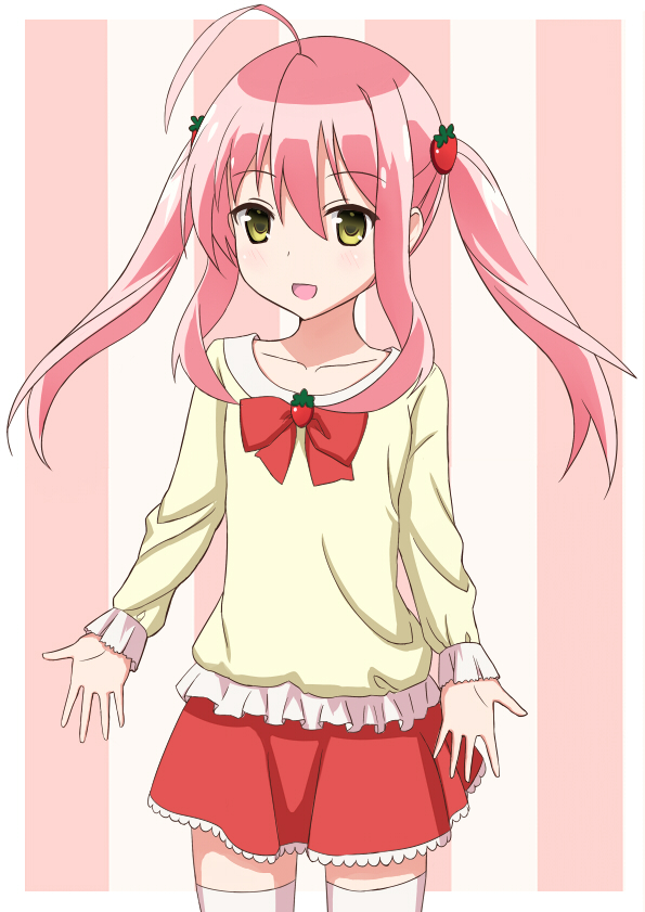 1girl, :d, ahoge, bad_id, bad_pixiv_id, female_focus, food, food-themed_hair_ornament