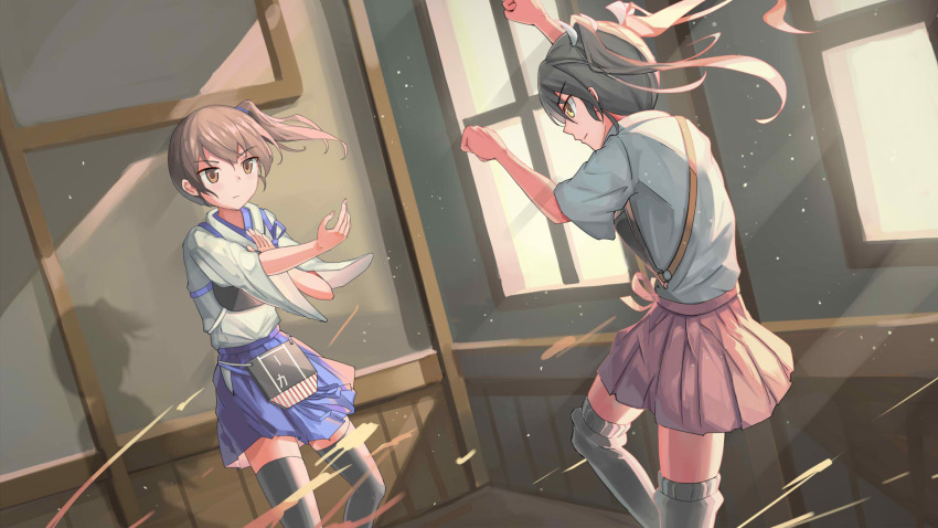 2girls, brown_eyes, brown_hair, cchhii3, fighting_stance, hair_ribbon, highres, ip_man_(film), ip_man_(movie), japanese_clothes, kaga_(kancolle), kantai_collection, long_hair, looking_at_another, multiple_girls, muneate, parody, ribbon, short_hair, side_ponytail, skirt, sunlight, thighhighs, twintails, window, zuikaku_(kancolle)