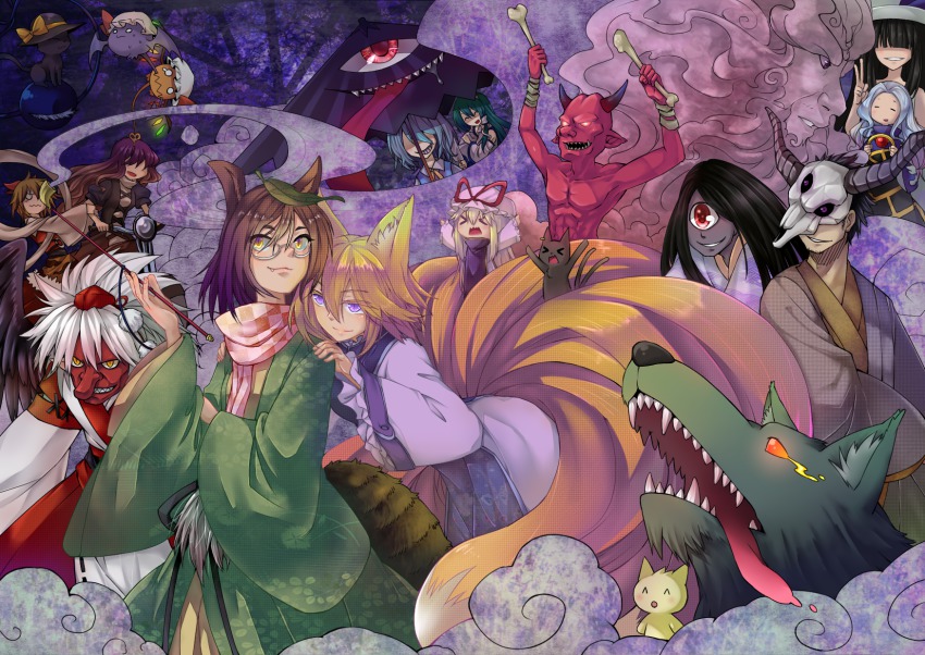 >_<, 3boys, 6+girls, ^_^, alternate_eye_color, alternate_hair_color, animal_ears, animal_print