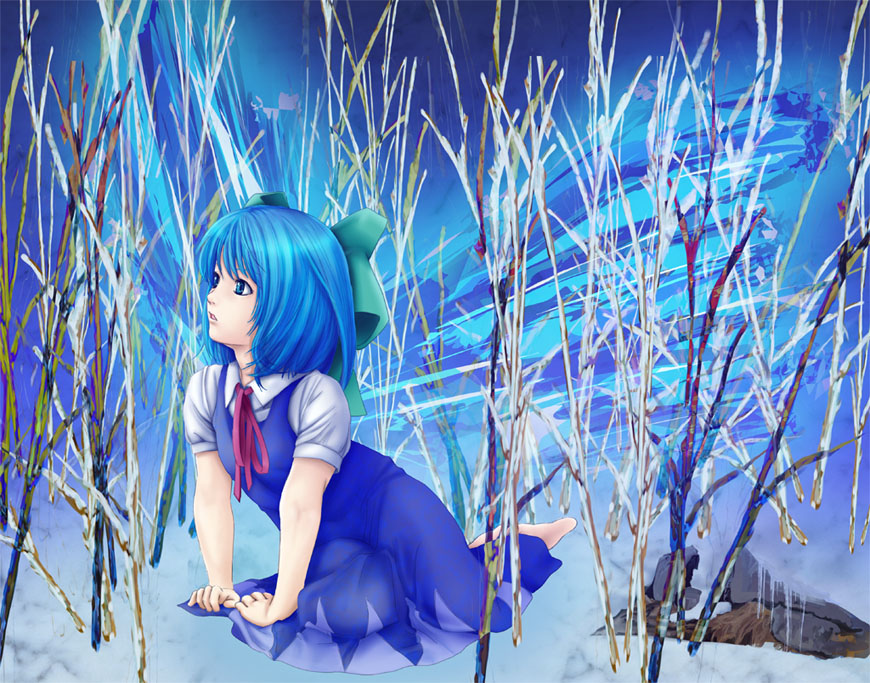 1girl, bad_id, bad_pixiv_id, blue_eyes, blue_hair, cirno, dress, female_focus