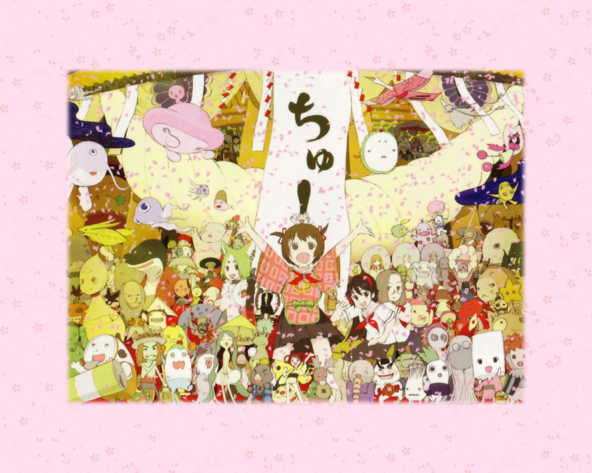 00s, 6+girls, :d, benten-sama, black_hair, blonde_hair, blush, brown_eyes, brown_hair, closed_eyes, everyone, hitotsubashi_yurie, indoors, japanese_clothes, kamichu!, kimono, long_sleeves, looking_at_viewer, multiple_girls, okama, open_mouth, outstretched_arms, saegusa_matsuri, scroll, shijou_mitsue, smile, standing, text_focus, yin_yang