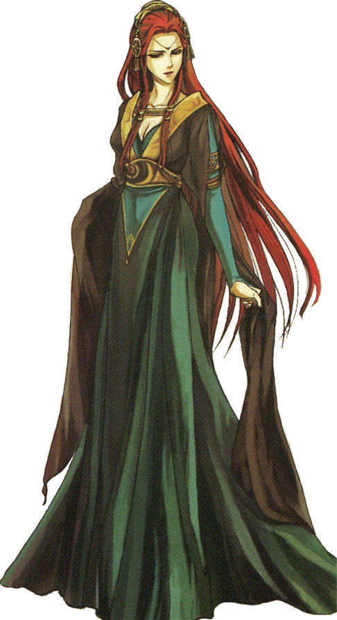1girl, dress, female_focus, fire_emblem, fire_emblem:_the_sacred_stones, ismaire_(fire_emblem), long_dress, long_hair, nintendo, official_art, red_hair, simple_background, solo, very_long_hair, wada_sachiko, white_background