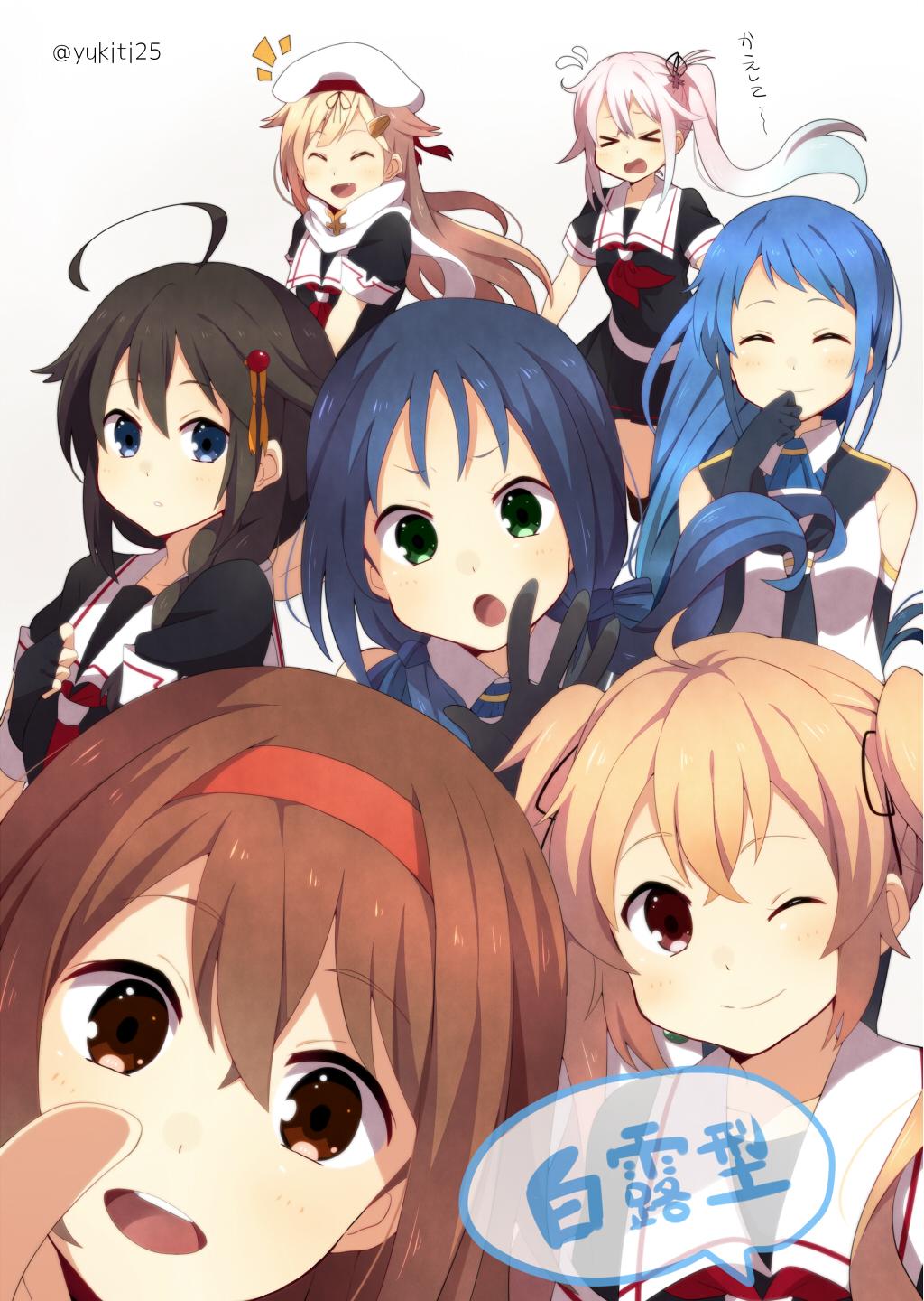 >_<, 10s, 6+girls, ^_^, ahoge, black_serafuku, blonde_hair, blue_eyes