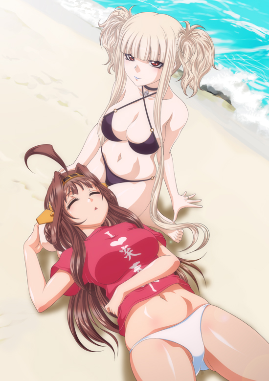2girls, ahoge, aoki_hagane_no_arpeggio, barefoot, beach, bikini, blonde_hair, breasts, brown_hair, choker, cleavage, clothes_writing, cosplay, crossover, double_bun, closed_eyes, hair_bun, hairband, halterneck, kaname_aomame, kantai_collection, kin-iro_mosaic, kongou_(aoki_hagane_no_arpeggio), kongou_(kancolle), kujou_karen, kujou_karen_(cosplay), lap_pillow, large_breasts, long_hair, lying, medium_breasts, multiple_girls, name_connection, navel, on_back, purple_bikini, red_eyes, red_shirt, shirt, short_hair, short_hair_with_long_locks, single_hair_bun, sitting, sleeping, swimsuit, t-shirt, thighs, touyama_nao, triangle_mouth, twintails, voice_actor_connection, water