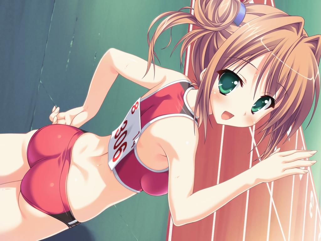 1girl, ass, brown_hair, female_focus, game_cg, gradient_background, green_eyes, hair_bun