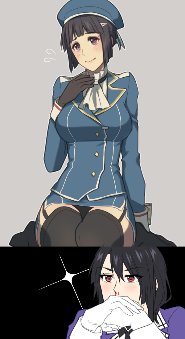 2girls, bad_id, black_hair, blood, blush, brown_eyes, cosplay, costume_switch