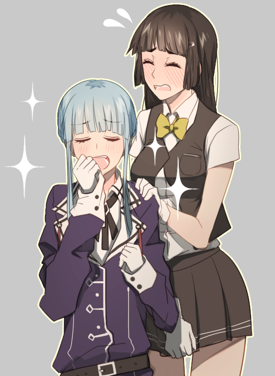 2girls, aqua_hair, blush, brown_hair, closed_eyes, cosplay, costume_switch, flying_sweatdrops