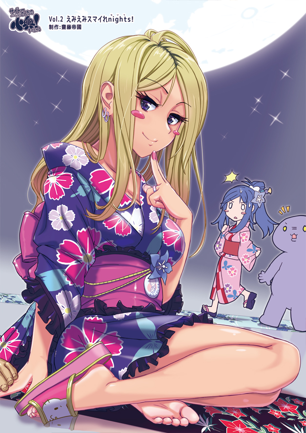 2girls, barefoot, blonde_hair, blue_eyes, blue_hair, blush_stickers, earrings, emi_(saitou), feet, finger_to_own_chin, flower, full_moon, gradient_background, hair_flower, hair_ornament, japanese_clothes, jewelry, kimono, legs, long_hair, moon, multiple_girls, nail_polish, original, out_of_frame, ponytail, purple_eyes, ring, saitou_teikoku, sandals, shoes, single_shoe, sitting, smile, soles, toes