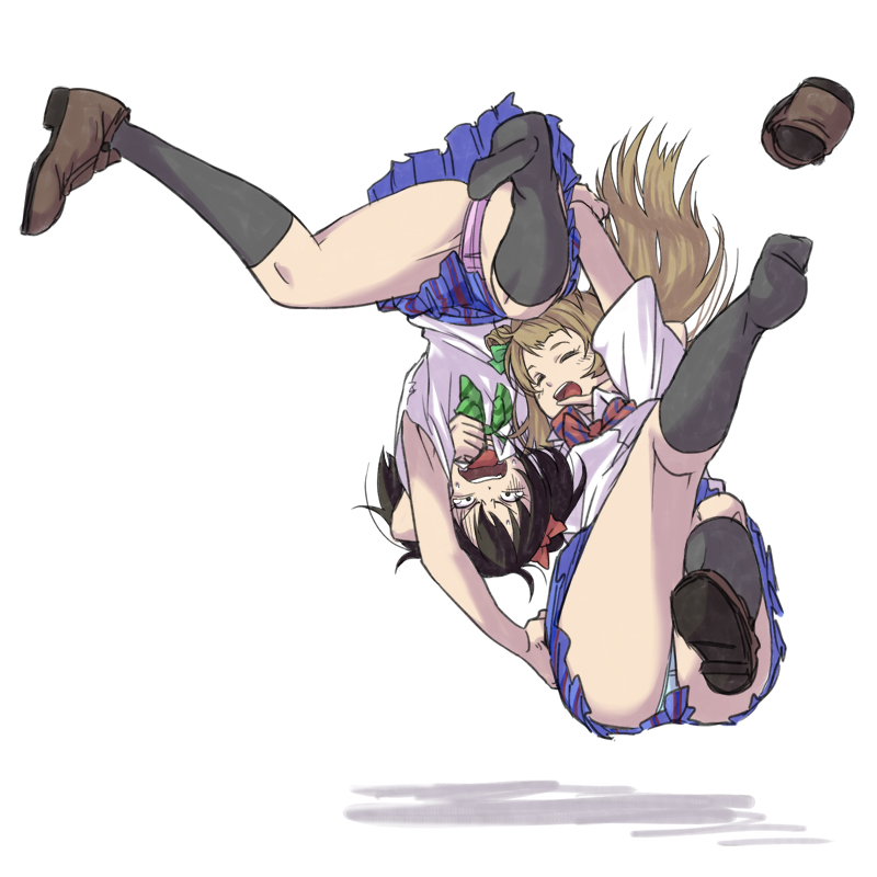 10s, 2girls, black_hair, blue_panties, brainbuster, brown_hair, closed_eyes, fisherman_buster, love_live!, love_live!_school_idol_project, minami_kotori, multiple_girls, panties, shoe_loss, shoes, simple_background, single_shoe, skirt, suzushiro333, suzushiro_(suzushiro333), underwear, wrestling, yazawa_nico