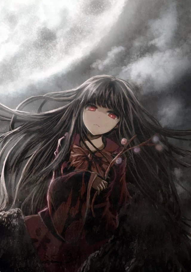 1girl, :<, black_hair, blunt_bangs, branch, cloud, dark, female_focus