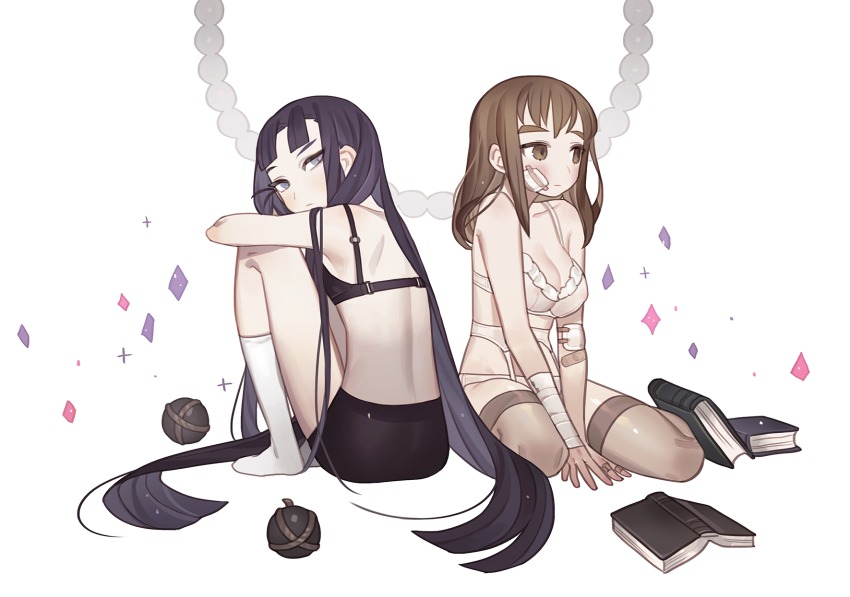 2girls, bandages, bandaid, black_vs_white, bomb, book, bra, explosive