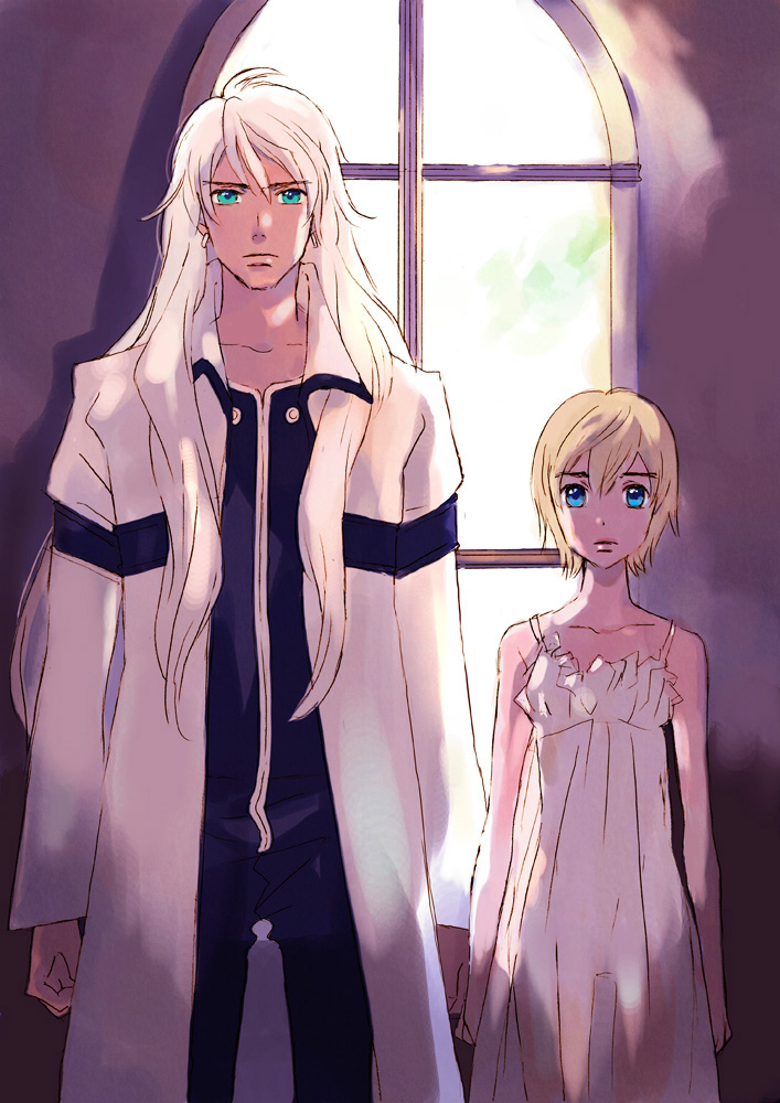 1boy, 1girl, blonde_hair, blue_eyes, dress, earrings, green_eyes, jewelry, long_hair, machika_balfaltin, meteor_methuselah, ozaki_kaori, rain_jewlitt, short_hair, white_hair