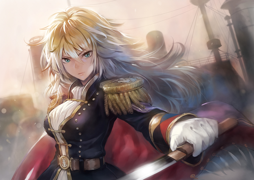 10s, 1girl, belt, blonde_hair, blue_eyes, breasts, cape, epaulettes, female_focus, gloves, kantai_collection, large_breasts, long_hair, looking_at_viewer, matsuda_(matsukichi), mikasa_(kancolle), military, military_uniform, original, personification, solo, sword, vehicle_and_personification, weapon, white_gloves