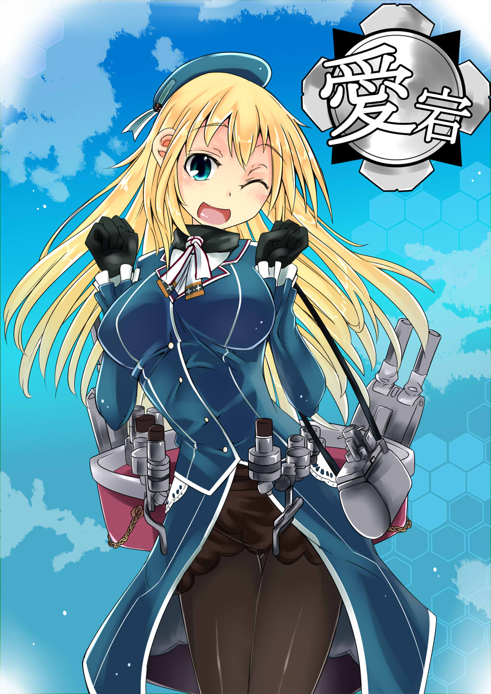10s, 1girl, atago_(kancolle), beret, black_gloves, blonde_hair, blush, breasts