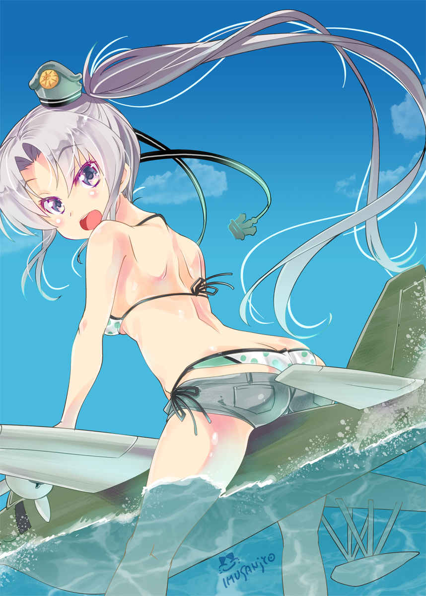 10s, 1girl, :d, akitsushima_(kancolle), artist_name, ass, bikini, butt_crack