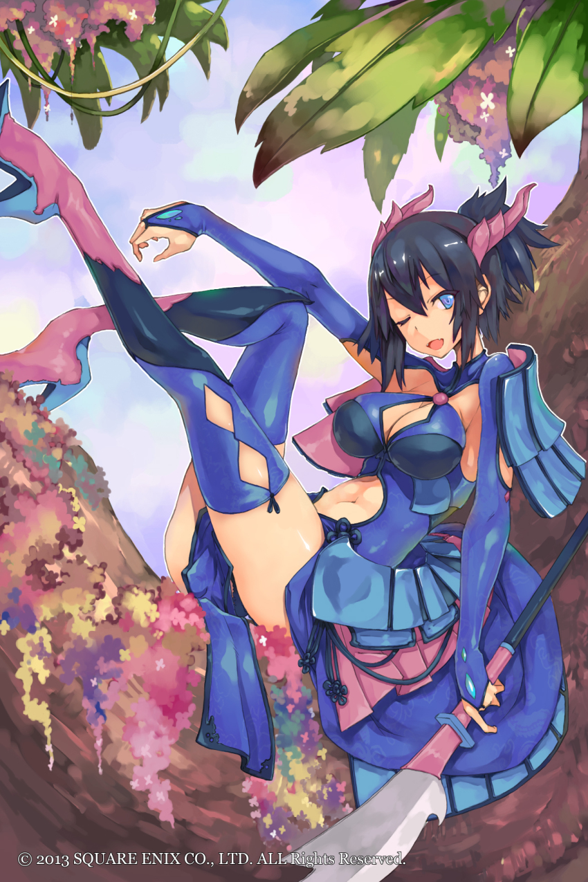 1girl, ;d, black_hair, blue_boots, blue_eyes, blue_thighhighs, boots, breasts