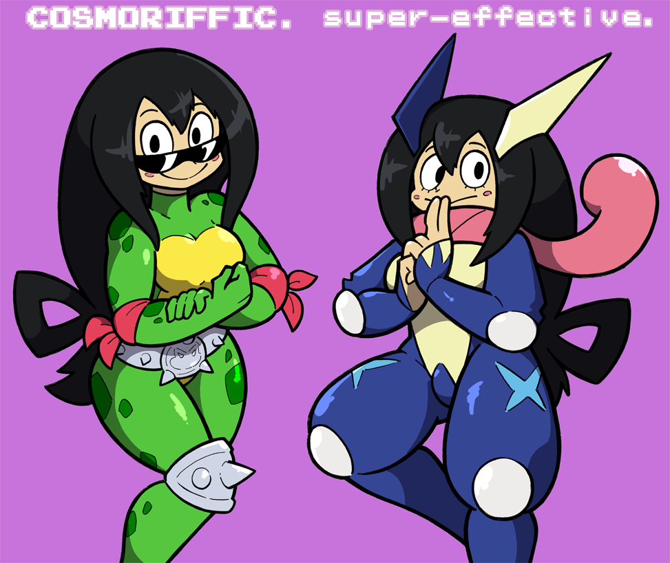 10s, 2girls, animal_ears, asui_tsuyu, battletoads, black_hair, boku_no_hero_academia, cosplay, crossover, english_text, eyelashes, fake_animal_ears, feet_out_of_frame, gen_6_pokemon, greninja, greninja_(cosplay), hair_between_eyes, hand_on_own_arm, killer_instinct, kuji-in, long_hair, low-tied_long_hair, multiple_girls, nintendo, own_hands_together, pokemon, purple_background, rash_(battletoads), rash_(battletoads)_(cosplay), shenanimation, simple_background, sunglasses, trait_connection, very_long_hair