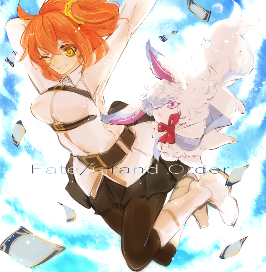 1girl, ;), ahoge, boots, copyright_name, creature, fate/grand_order, fate_(series)