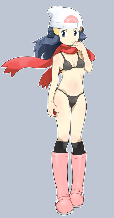 1girl, beanie, bikini, black_bikini, black_eyes, black_hair, boots, dawn_(pokemon), female_focus, full_body, hari_(kureon), hat, kneehighs, long_hair, navel, nintendo, poke_ball, pokemon, scarf, simple_background, socks, solo, swimsuit