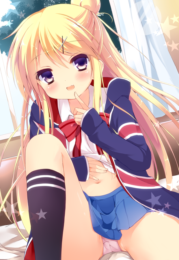 10s, 1girl, blonde_hair, blue_skirt, dan_ball, fang, female_focus, hair_bun, hair_ornament, hairclip, kin-iro_mosaic, kneehighs, kujou_karen, long_hair, long_sleeves, navel, open_mouth, panties, pantyshot, pink_panties, pleated_skirt, school_uniform, single_hair_bun, sitting, skirt, socks, solo, underwear, x_hair_ornament