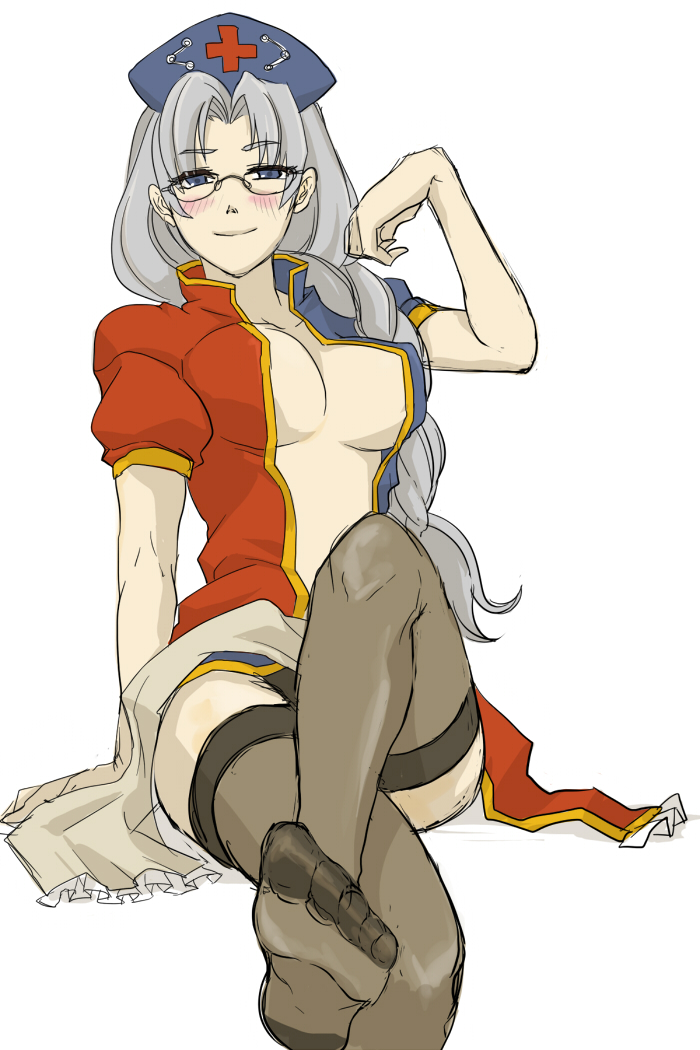 1girl, bad_id, bad_pixiv_id, bespectacled, breasts, cleavage, covered_erect_nipples, crossed_legs