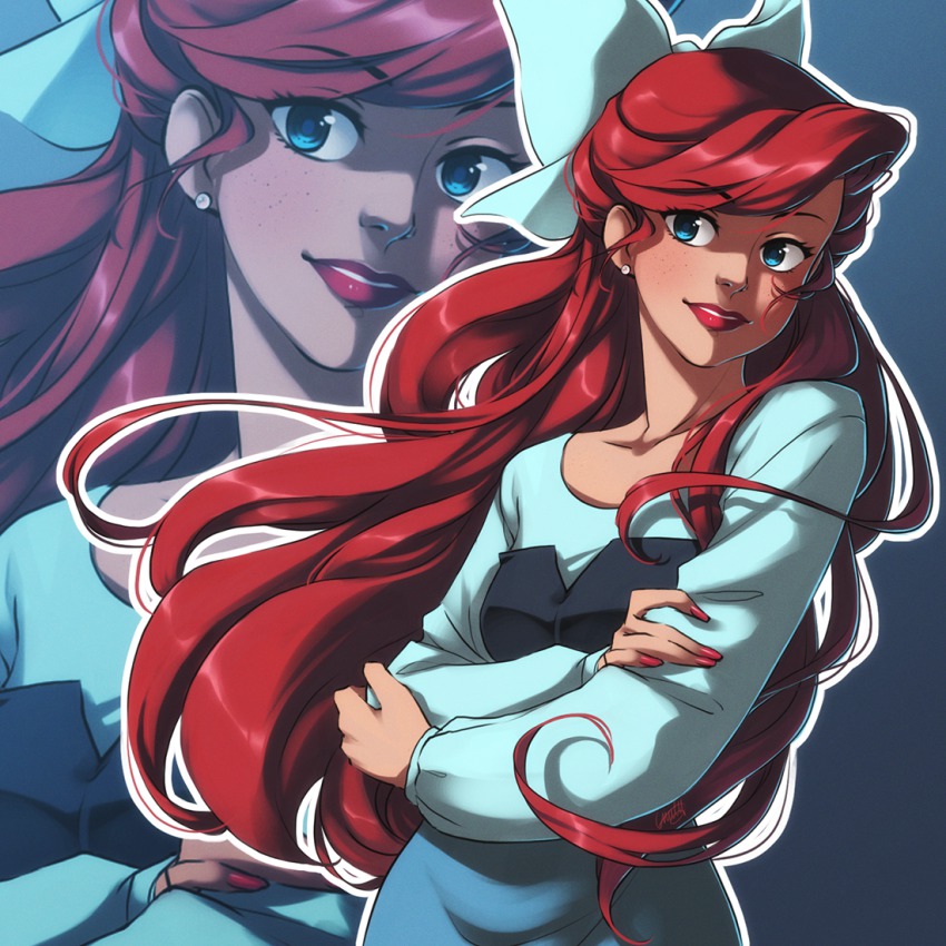1girl, ariel_(disney), blue_eyes, blush, bow, disney, eflunn_(emilylunn), female_focus, freckles, hair_bow, humanization, lipstick, long_hair, makeup, nail_polish, red_hair, red_lips, red_nails, solo, the_little_mermaid_(disney), zoom_layer