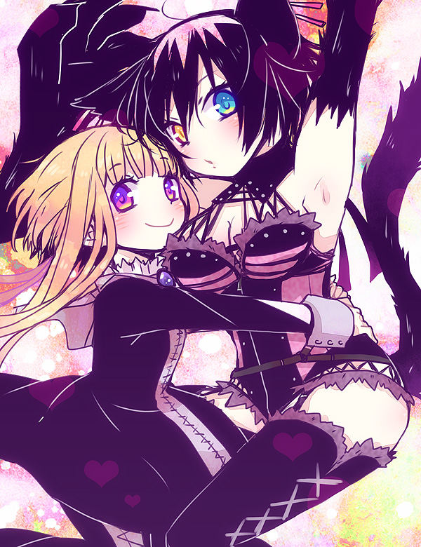 2girls, animal_ears, arm_up, armpits, ati_(sekien_no_inganock), black_hair, black_legwear, black_skirt