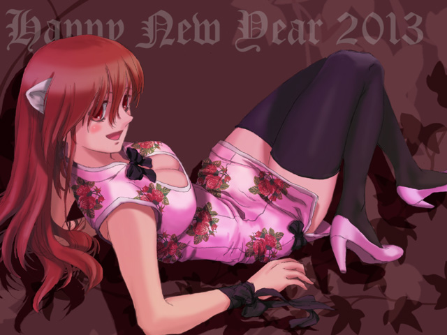00s, 1girl, amane_kk, black_thighhighs, breasts, chinese_clothes, cleavage, elfen_lied, female_focus, high_heels, horns, long_hair, looking_at_viewer, looking_back, lucy_(elfen_lied), nyuu, open_mouth, pink_hair, red_eyes, short_hair, simple_background, smile, solo, thighhighs