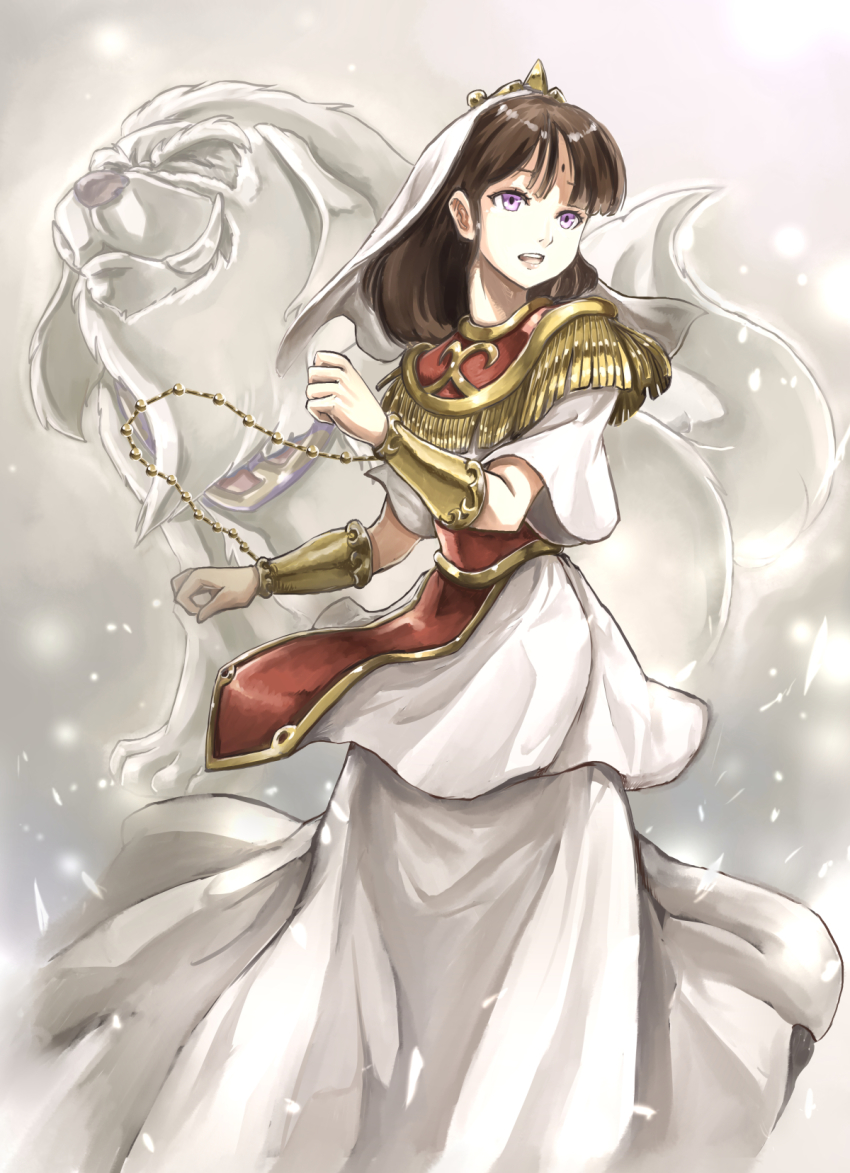 1girl, bindi, brown_hair, dog, dress, gradient_background, highres, kinu_(tengai_makyou)