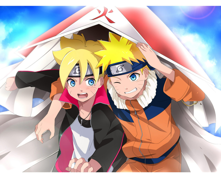 2boys, aohane_riko, blonde_hair, blue_eyes, facial_mark, father_and_child, father_and_son, forehead_protector, gradient_background, highres, male_focus, multiple_boys, naruto_(classic), naruto_(series), parent_and_child, short_hair, time_paradox, uzumaki_boruto, uzumaki_naruto