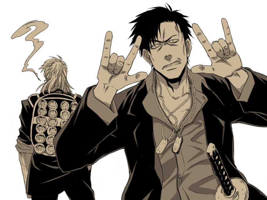 10s, 2boys, \m/, backpack, bag, cigarette, dog_tags, double_\m/