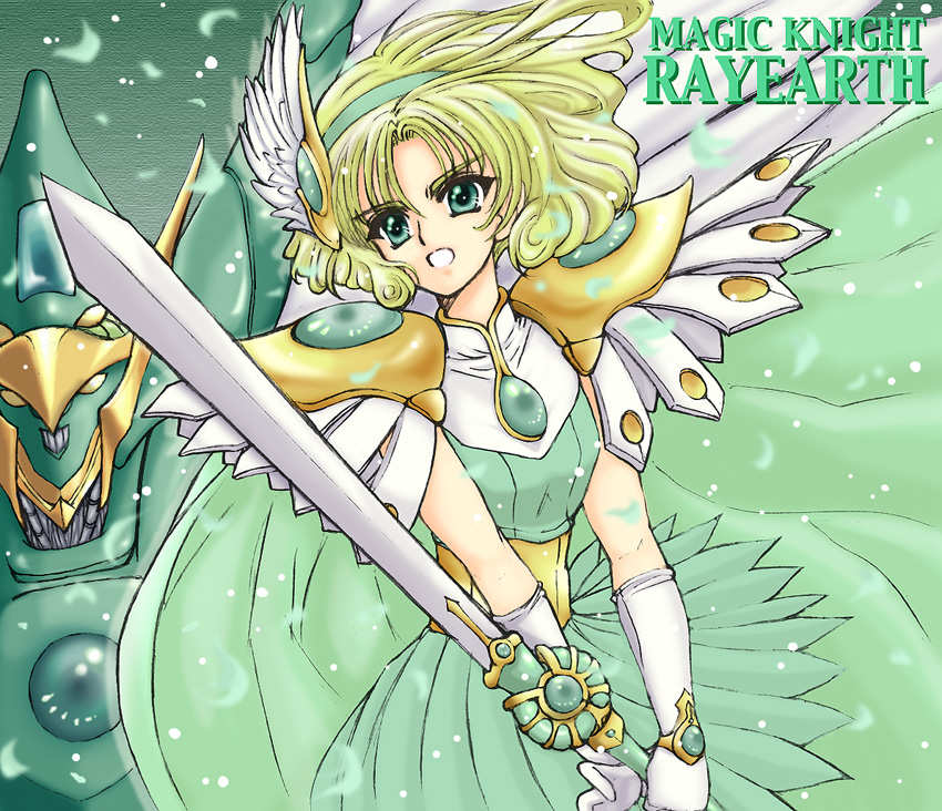 1990s_(style), 1girl, armor, armored_dress, blonde_hair, copyright_name, dress, gloves, green_eyes, green_skirt, green_theme, hououji_fuu, kannagi_kaname, magic_knight_rayearth, mecha, official_alternate_costume, retro_artstyle, robot, short_hair, skirt, sword, weapon, windam, windam_(rayearth)