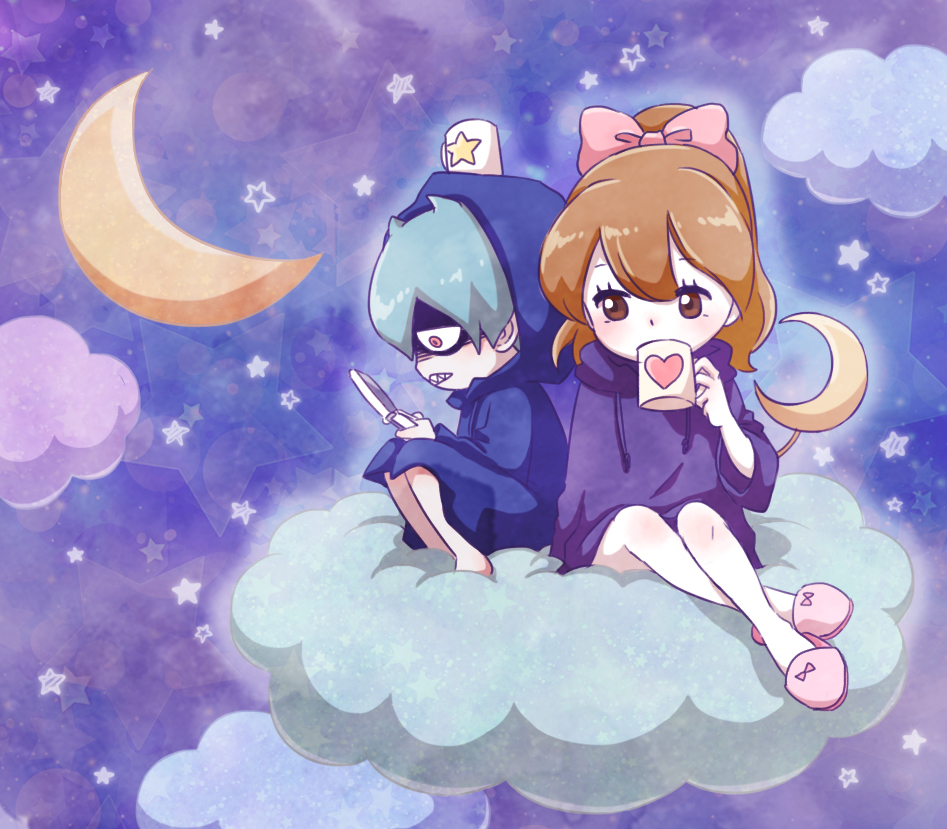 10s, 1boy, 1girl, brown_hair, chuno, cloud, crescent_moon, cup