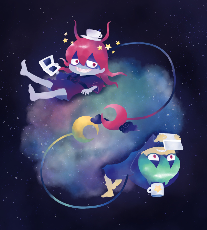 10s, 1girl, 2boys, barefoot, chuno, crescent, crescent_moon, cup