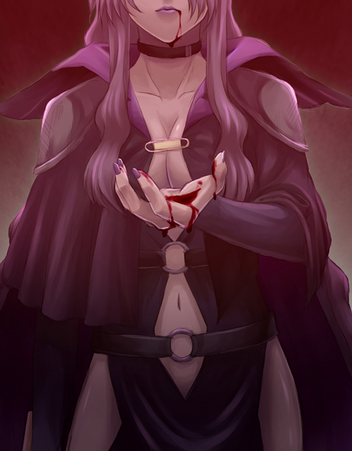 00s, 1girl, bare_hips, blood, blood_on_face, breasts, cape, choker