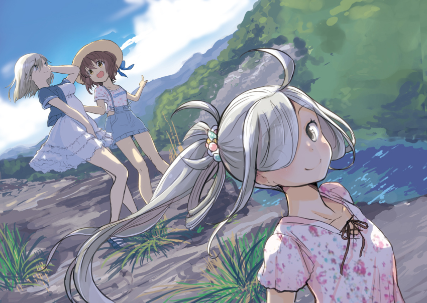 10s, 3girls, ahoge, alternate_costume, asashimo_(kancolle), blue_eyes, breasts, brown_eyes