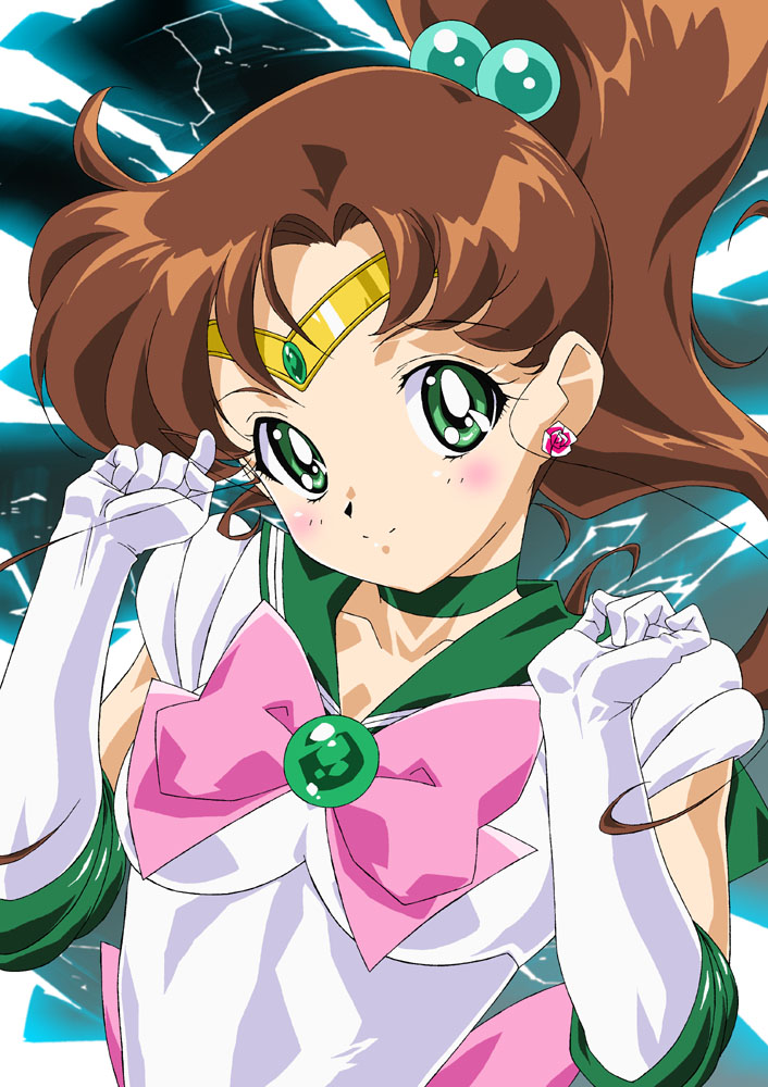 1girl, bishoujo_senshi_sailor_moon, blush, bow, brooch, brown_hair, choker, earrings, elbow_gloves, electricity, female_focus, flower_earrings, gloves, gradient_background, green_eyes, hair_bobbles, hair_ornament, high_ponytail, jewelry, kino_makoto, long_hair, magical_girl, oku_yukihide, pink_bow, ponytail, sailor_collar, sailor_jupiter, smile, solo, tiara, white_gloves